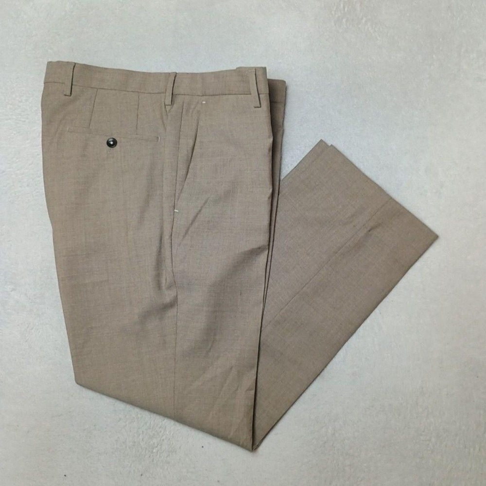 Hugo Boss Pant Men 34x29 Beige Wool Viscose Flat Front Genesis Dress Slack Italy